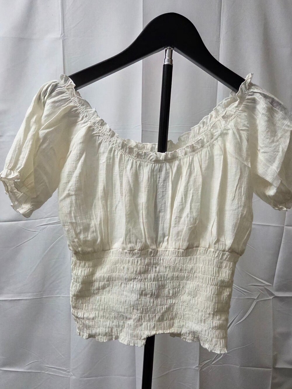 Venus White Off The Shoulder Smocked Milkmaid Puff Sleeve Crop Top